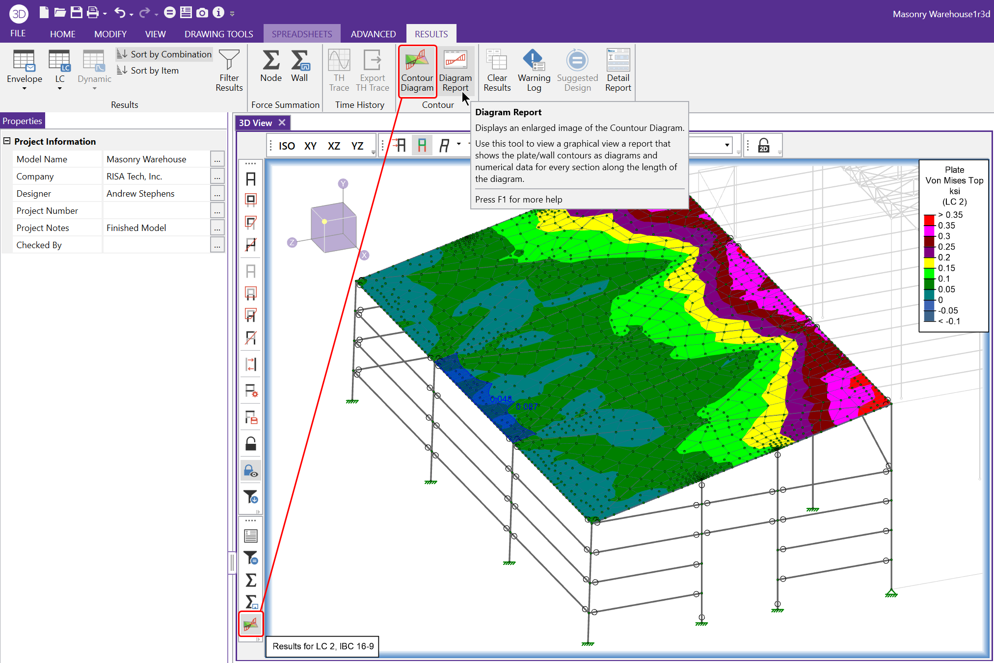 risa 3d wall panels stress output