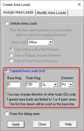Tapered area load dialog