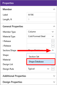 Properties panel - choose Shape Database from Section/Shape