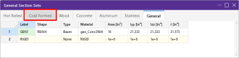 Section Sets spreadsheet, choose Cold Formed tab