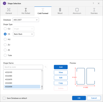 Shape Selection window - General tab