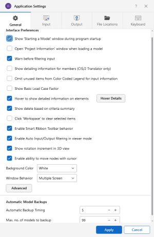 Application Settings window, General tab