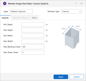 Member Design Rule Editor: Column (Explicit) window, Size/UC tab