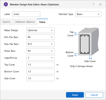 Member Design Rule Editor: Beam (Optimize) window, Rebar tab