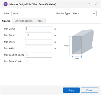 Member Design Rule Editor: Beam (Optimize) window, Size/UC tab