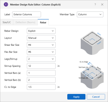 Member Design Rule Editor: Column (Optimize) window, Rebar tab