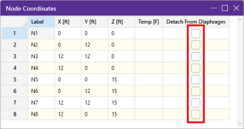 Node Coordinates spreadsheet, Detach From Diaphragm option