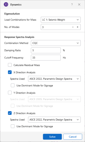 Dynamics window, choose Load Combination for Mass option