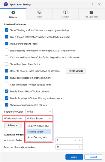 Window Behavior settings in the Application Settings window