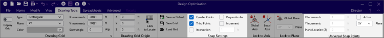 Drawing Tools ribbon, Snap Settings and Universal Snap Points sections